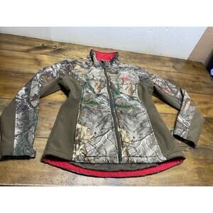 Real Tree Jacket Men’s Medium Brown Camo Red Trim Softshell Fleece Hunting